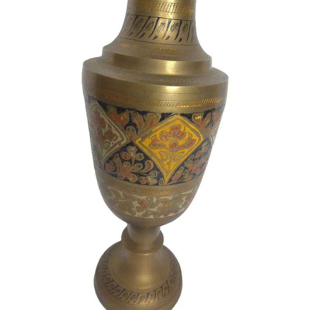 Vintage Hand-Etched Brass Vase with Ornate Floral Enamel Inlay Made in India
